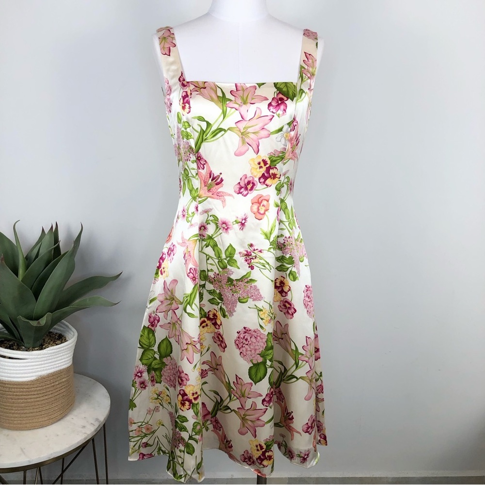 Morgan Gual 100% Silk Pink Green Ivory Floral Square Neck A Line Dress Nwt 6